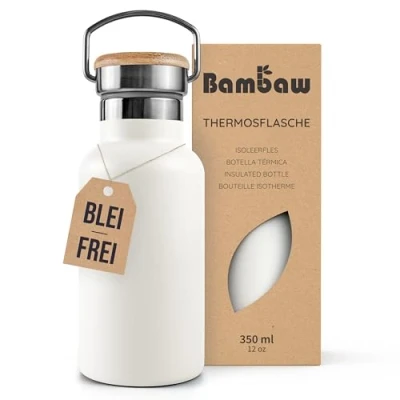 Abbildung von Bambaw Thermosflasche Kinder 350ml, Trinkflasche Weiß, Edelstahl Trinkflasche, Metall, Wasserflasche Wandern, Iso Polarweiß