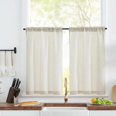 Abbildung von TOPICK Scheibengardine Leinen Bistrogardine Lichtfilterung Vorhang Halbtransparent Kurz Gardine Paarig Schals Scheibengardinen Fensterschal für Küche Wohnzimmer Landhaus 2er Set 65Bx60H(cm) Roh