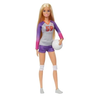 Abbildung von Barbie Made to Move Volleyballspielerin Puppe mit Trikot und Ball 22 Gelenke für realistisches Spiel, inklusive Volleyball Sportkleidung, HKT72