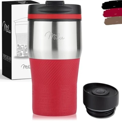Abbildung von Milu Thermobecher Kaffee to go 300ml 100% Auslaufsicher Isolierbecher, Kaffeebecher, Trinkbecher aus Edelstahl Autobecher doppelwand Isolierung Travel Mug (Rot)