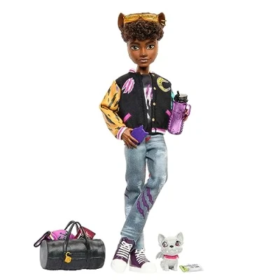 Abbildung von Monster High Puppe, Clawd Wolf Puppe mit Gargoyle Bulldogge als Haustier und themenbezogenem Zubehör HNF65