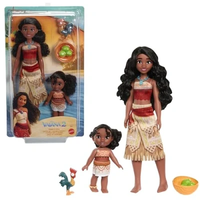 Abbildung von Mattel Disney Vaiana 2 Spielzeuge, Schwesternset mit Modepuppen im bekannten Look, Haustier Heihei, Kokosnuss und Korbzubehörteile, inspiriert vom Film, JBT66