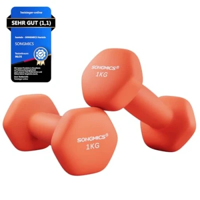 Abbildung von SONGMICS Hanteln, 2er Set, 2 x 1 kg, Hantelset, Kurzhanteln, Hexagon, Neopren Beschichtung, Krafttraining, Workout, Fitnesstraining, für Zuhause, papayaorange SYL902O01