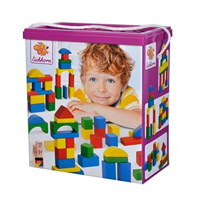 Abbildung von Eichhorn 100010181 150 Bunte Holzbausteine in der Aufbewahrungsbox mit Kordel und Sortierdeckel, Motorikspielzeug für Kinder ab 1 Jahr geeignet [Exklusiv bei Amazon]