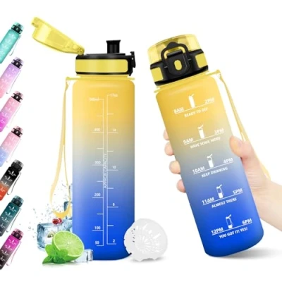 Abbildung von Trinkflasche 500ml, Auslaufsicher, BPA frei, Sport Wasserflasche, mit Filter und Zeitmarkierung, Ideal für Gym, Yoga, Camping, Fahrrad, Schule, Büro, Erwachsene, Kohlensäure geeignet