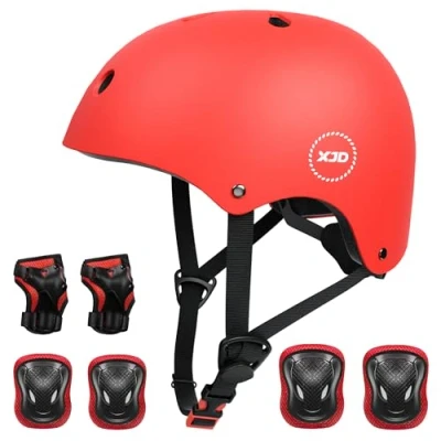 Abbildung von XJD Fahrradhelm Kinder Schoner Set(7er) Helm mit Knie &amp; Ellenbogen Handgelenkschützer Verstellbarer Schutz Jugend Skaterhelm für 3 13 Jahre Alt (Rot Set, S: 51 54 cm)
