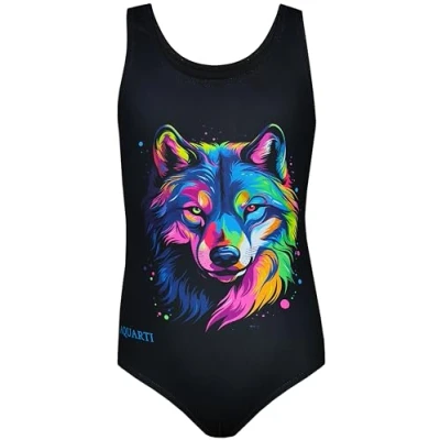 Abbildung von Aquarti Mädchen Badeanzug mit Ringerrücken Print, Farbe: Wolf/Schwarz, Größe: 152