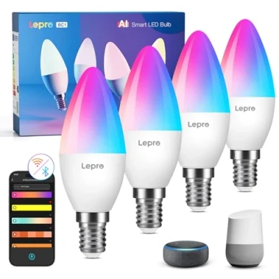 Abbildung von Lepro AI Smart Glühbirne BC1, 4.9W 470LM E14 Dimmbar, KI Lichtdesign Assistent, Warmweiß Kaltweiß und RGB, Kompatibel mit Alexa/Google, Sprachsteuerung/Musik Sync, WiFi &amp; Bluetooth, 4 Stück