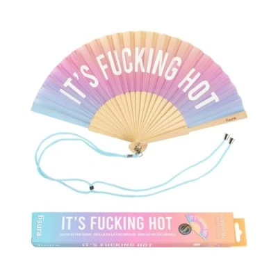 Abbildung von Fisura Origineller Handfächer mit der Botschaft &quot;f*cking hot&quot;. Lustiger Holzfächer. Mehrfarbiger degradierter Fächer. Leuchtet im Dunkeln. Maße: 42,5 x 23 cm. Holz und Textil.