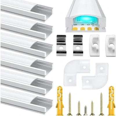 Abbildung von Chesbung LED Aluminium Profil 1m, U Form Kanäle für Strips/Band bis 12 mm inkl. Profile with Milchig Weißer Abdeckung, Diffusoren mit Endkappen, Montageclips und Eckverbindern