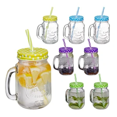 Abbildung von Relaxdays Trinkgläser mit Deckel und Strohhalm, 8er Set Limonadengläser, 400 ml, Retro Sommergläser Henkel, bunt, 19 x 11 8 cm