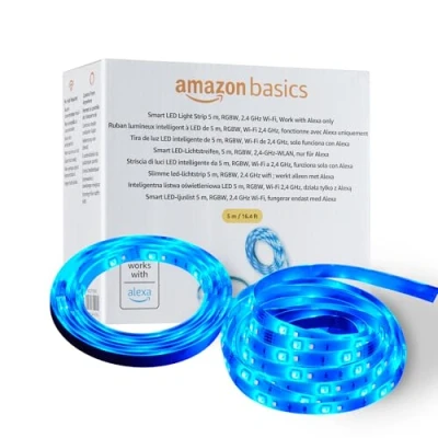 Abbildung von Amazon Basics Smarter LED Lichtstreifen, 5 m, RGBW, 2,4 GHz WLAN, nur für Alexa geeignet, Mehrfarbig