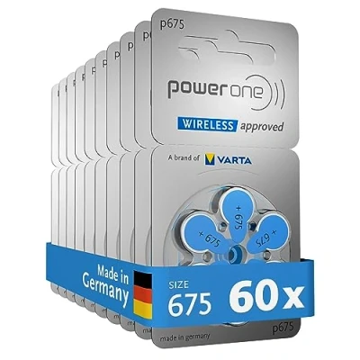 Abbildung von Varta Power One Hörgerätebatterien Typ 675 blau, Batterien 60 Stück Vorratspack, wireless approved, Größe p675 für Hörgeräte und Hörhilfen, high hearing level, quecksilberfrei, Made in Germany
