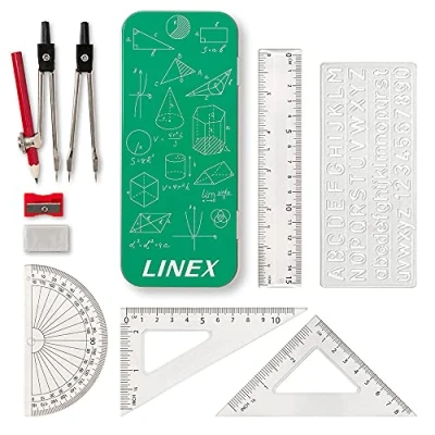 Abbildung von Linex Geometrie Set, mit Zirkel, Bleistift, Radierer, Spitzer, Winkelmesser, Geodreieck, Lineal und Aufbewahrungsetui Metallbox