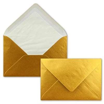 Abbildung von 50 Briefumschläge Gold Metallic Glänzend DIN C6 gefüttert mit weißem Seidenpapier 90 g/m² 11,4 x 16,2 cm Nassklebung NEUSER PAPIER