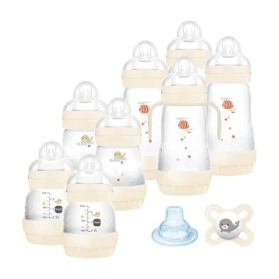 Abbildung von MAM Easy Start Anti Colic Set Babyflaschen für Neugeborene 94% Akzeptanz 80 % weniger Koliken 8 Flaschen (130, 160, 260ml), 1 Schnuller, Griff, Trinkschnabel 0+ Mon beige