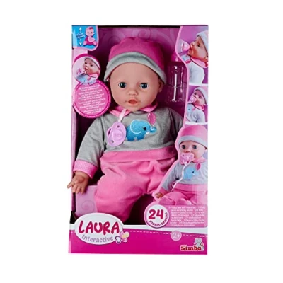 Abbildung von Simba 105140066 Laura Interactiv, Weichkörperpuppe mit Schlafaugen, brabbelt bei Bewegung, trinkt von Flasche und schläft EIN, 40cm, Babypuppe ab 2 Jahre