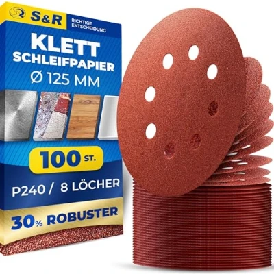 Abbildung von S&amp;R Klett Schleifpapier Set 125 mm, Meister, 8 Löcher, 100 St. in Körnung P240, Schleifblätter, Schleifscheiben für Exzenterschleifer, Klettschleifpapier, zuverlässige Haftung am Schleifteller