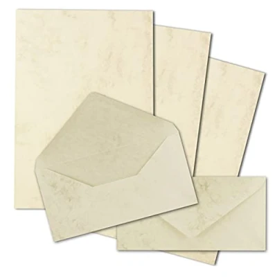 Abbildung von 25x Briefpapier Set DIN A4 mit Lang Briefumschlägen, Nassklebung Chamois Marmoriert (Cremefarben) mattes Schreibpapier Kuverts FarbenFroh by GUSTAV NEUSER