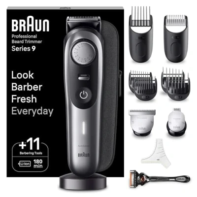 Abbildung von Braun Barttrimmer, Bartschneider/Trimmer/Haarschneider Herren, Haarschneidemaschine Profi, 40 Einstellungen, Ladestation, Reiseetui, Bartschablone, 180 Min. kabellose Laufzeit, BT9440