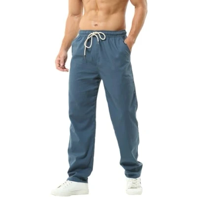 Abbildung von HOEREV Men Casual Strandhosen Leinen Hose Gr. XL (Taille 39 41 zoll), Blau