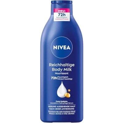 Abbildung von NIVEA Reichhaltige Body Milk, intensiv pflegende Körpercreme mit purem Hyaluron, Mandelöl und Tiefenpflege Serum, Lotion für trockene Haut (400 ml)