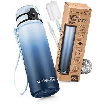 Abbildung von My Vesperbox Edelstahl Thermos Trinkflasche auslaufsicher mit Strohhalm oder Sieb 400 ml, 600ml BPA FREI für Kindergarten, Schule (Blauverlauf 600ml)