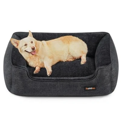 Abbildung von Feandrea Hundebett, Hundekissen in Leinenoptik, Hundekorb, erhöhte Ränder, rutschfeste Unterseite, Bezug abnehmbar waschbar, L, für mittelgroße Hunde, 90 x 75 25 cm, dunkelgrau PGW011G01