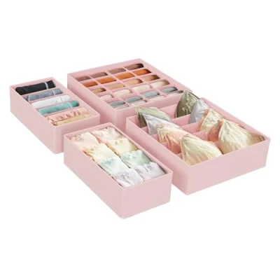 Abbildung von SONGMICS Unterwäsche Organizer 4er Set, Schubladen Organizer, faltbar, Ordnungssystem Kleiderschrank, Aufbewahrungsbox Schrank, Stoffboxen Aufbewahrung, für BHs, Socken, Krawatten, rosa RUS04PK