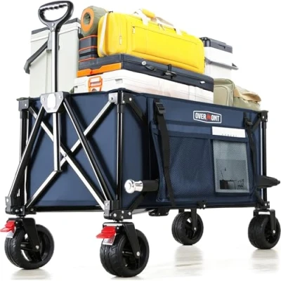 Abbildung von Overmont Faltbar Alle Gelände Bollerwagen 8,1CM Breite Räder 150I großes Fassungsvermögen mit Seitentaschen Getränkehalter Verstellbarem Griff bis 150 kg Tragkraft für Camping Sport Einkaufen