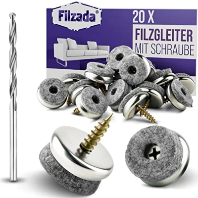 Abbildung von Filzada® 20x Filzgleiter Schrauben Ø 22 mm Profi Stuhlgleiter/Stuhlbeinschoner Filz mit Schraube inkl. Bohrer 5,5 Filzstärke