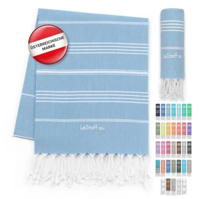 Abbildung von LeStoff Premium Hamamtuch 100% Bio Baumwolle Vorgewaschen, Nachhaltig, Saugstark &amp; Schnelltrocknend Strand, Bade, Dusch, Yoga, Spa Reise Tuch (95 x 180 cm, Light Blue)