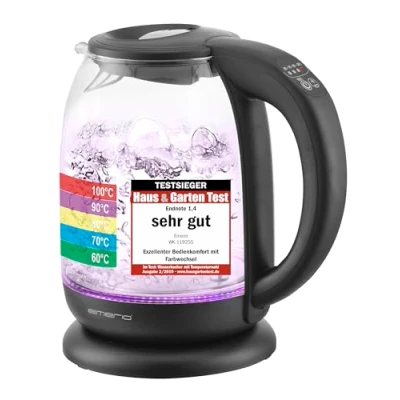Abbildung von Emerio WK 119255 TESTSIEGER Haus &amp; Garten Test 02/2019, Glas Wasserkocher mit Temperaturwahl (60C/70C/80C/90C/100C), BPA frei, Trockengehschutz, Auto Off, 2200 Watt, Edelstahl, 1.7 liters