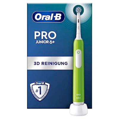 Abbildung von Oral B Pro Junior Elektrische Zahnbürste/Electric Toothbrush für Kinder ab 6 Jahren, Drucksensor, 3 Putzmodi inkl. Sensitiv Zahnpflege, weiche Borsten &amp; Timer, Designed by Braun, grün