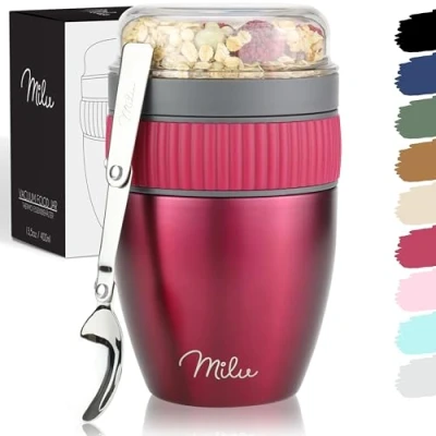 Abbildung von Milu Müslibecher to go 400ml &quot;MüsliMax&quot; I isolierter Edelstahl Joghurtbecher für Müsli auslaufsicherer Becher mit Löffel Yoghurt/Porridge (Berry)