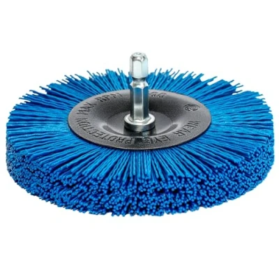 Abbildung von S&amp;R NYLON Scheibenbürste feinkörnig Ø 100mm, Sechskant Schaft 1/4&quot; (6,35 mm) mit FEINKÖRNIGEM DRAHT Nylonbürste fein; Drahtbürste Schleifaufsatz