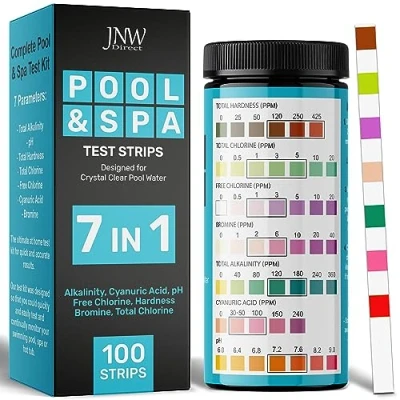 Abbildung von Pool und Whirlpool Teststreifen 7 in 1 Wassertester für Pools Pooltester Chlor pH 100 mit E Book JNW Direct