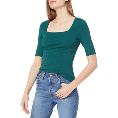 Abbildung von Amazon Essentials Damen Halbarm T Shirt mit eckigem Ausschnitt in schmaler Passform, Dunkelgrün, S