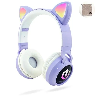Abbildung von PowerLocus Bluetooth Kopfhörer Kinder, LED Katzenohren, 85dB Sichere Lautstärke, 5.3, Micro SD/TF, HD Stereo, Kabellose und Kabel, Kinder mit Mikrofon für Handy, Tablets, PC,Reisen