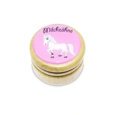 Abbildung von GICO Milchzahndose, Zahndose Milchzähne Bilderdose aus Holz mit Drehverschluss in diversen Motiven für Jungen und Mädchen 44 mm (Einhorn) Made EU 7011