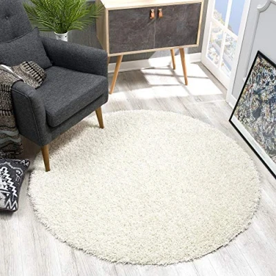 Abbildung von SANAT Teppich Rund Creme Hochflor, Langflor Modern Teppiche fürs Wohnzimmer, Schlafzimmer, Esszimmer oder Kinderzimmer, Größe: 80x80 cm