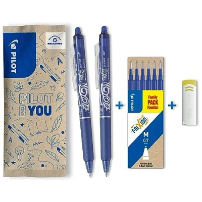 Abbildung von PILOT FriXion Clicker 0.7 2 Stifte/6 Minen/1 Radierer Farbe Blau Radierbarer, nachfüllbarer Gel Tintenroller mit Druckmechanik und thermosensitiver Tinte, mittlere Spitze