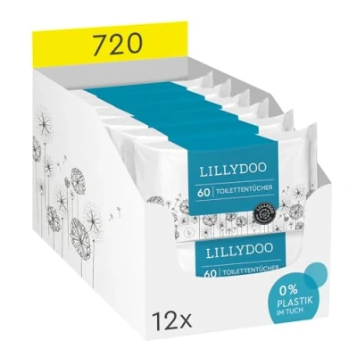 Abbildung von LILLYDOO Feuchte Toilettentücher, 720 Stück (12 x 60), 100% plastikfreies, spülbares Tuch, ohne Parfüme
