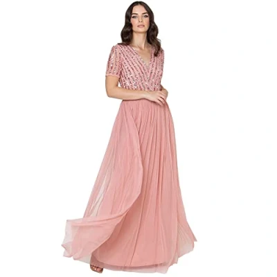 Abbildung von Maya Deluxe Damen Maxi Dress for Women Ladies Braidesmaid V neck Plus Size Ball Gown Short Sleeves Long El Brautjungfernkleid, Blossom, 36 EU