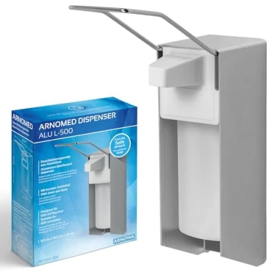 Abbildung von 1x ARNOMED Desinfektionsspender Aluminium, Seifenspender für 500ml, langer Armhebel, zur Wandbefestigung, Eurospender Desinfektionsmittel, Soap Dispenser, Desinfektionsmittelspender
