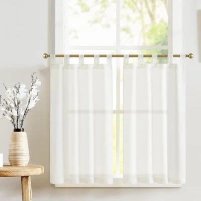 Abbildung von TOPICK Leinen Scheibengardinen mit Schlaufen Bistrogardine Halbtransparent Kurz Vorhang Sheer Gardine Schals Scheibengardine Fensterschal für Küche Wohnzimmer Landhaus 2er Set 65Bx90H(cm) Weiß