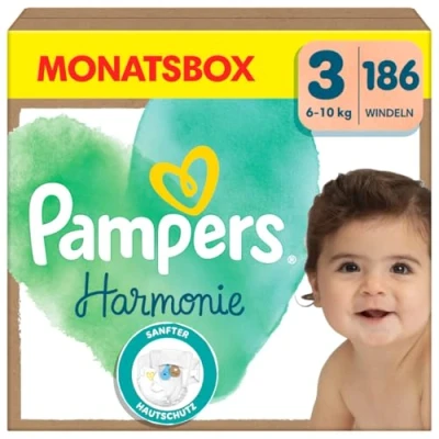 Abbildung von Pampers Baby Windeln Größe 3 (6 10 kg) Harmonie, MONATSBOX, Sanfter Hautschutz Und Pflanzenbasierte Inhaltsstoffe, 186 Stück