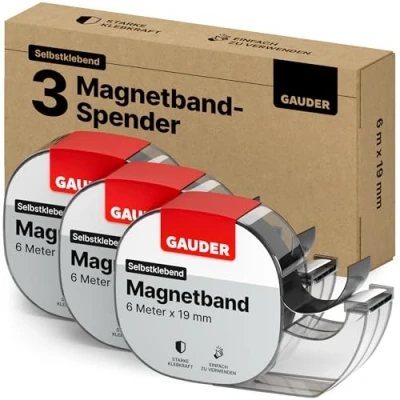 Abbildung von GAUDER Magnetband im Spender Selbstklebender Magnetstreifen für leichte Gegenstände Zuschneidbare Magnetbandrolle zum Befestigen von Postkarten &amp; Fotos auf Metallflächen (3 Stück je 6 m x 19 mm)