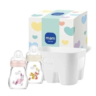 Abbildung von MAM Feel Good Combi Set, 2x Babyflasche aus Glas (170 ml), Baby Erstausstattung mit Sauger Gr. 1 und Flaschenkorb, Geschenk ab der Geburt, Eichhörnchen/Fuchs
