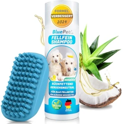 Abbildung von BluePet Parfümfreies Hundeshampoo + Badestriegel Gegen Juckreiz, Gerüche &amp; Schmutz I Fellshampoo mit Aloe Vera Jojobaöl für glänzendes, gesundes leicht kämmbares Fell idealer PH Wert Hunde